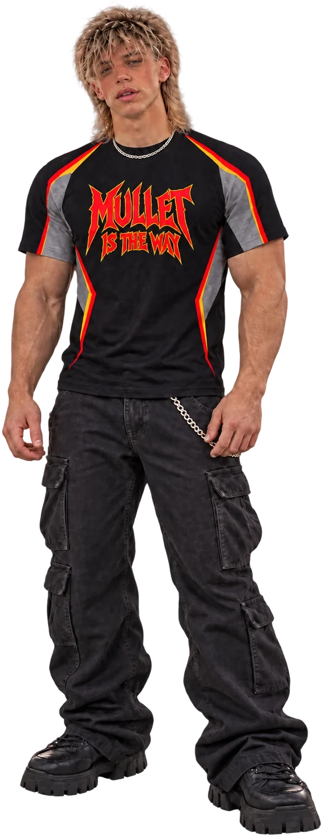 The Teakoz character in a Mullet is the way jersey and black cargo trousers